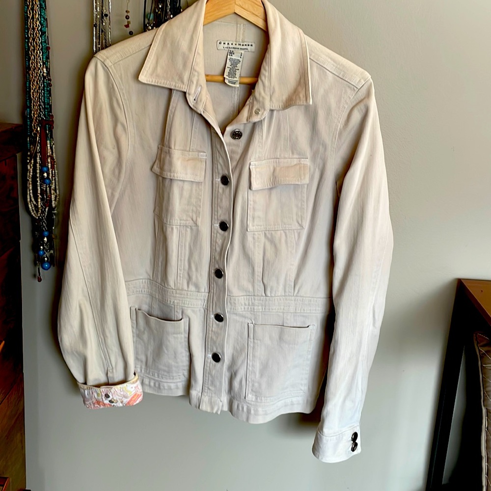 Crazy Horse safari jacket, size L, button front, 98% Cotton, 2% spandex, khaki.